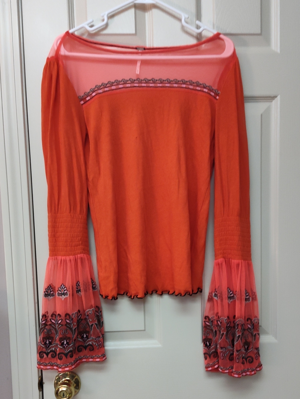 Free People Coral Orange Embroidered Bell Sleeve Top